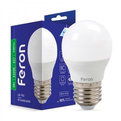 Лампочка LED 6 W 340 Lm 6400 K G45 E27 Feron LB-745 (25676) 001445 фото