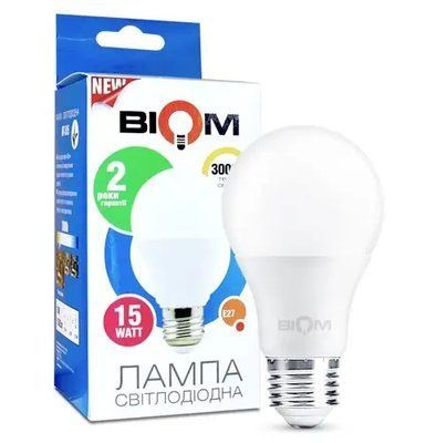 Лампочка LED 15 W 1350 Lm 3000 K A60 E27 Biom BT-515 002694 фото